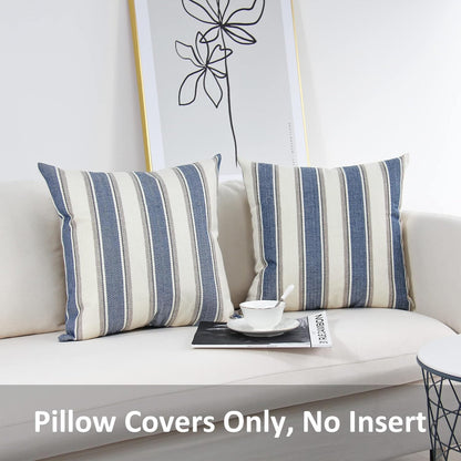 JOJUSIS Farmhouse Stripe Throw Pillow Covers, Pack of 2, 20 x 20 Inch, Blue