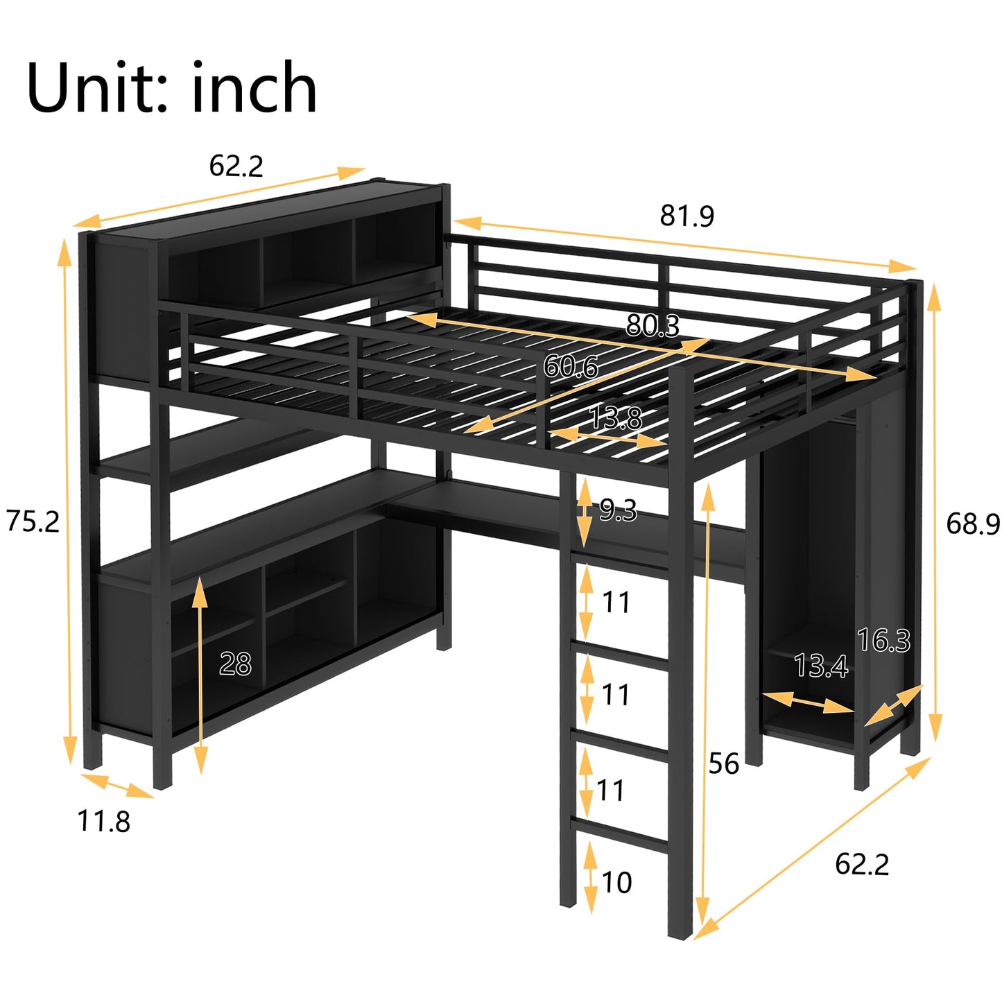 Queen Loft Bed Frame with Wardrobe and Storage Cubes, Queen Size Loft Bed with Desk and Storage Shelf, Heavy Duty Loft Beds with Guardrail, Noise Free Design, Adult Loft Bed Frame, Black