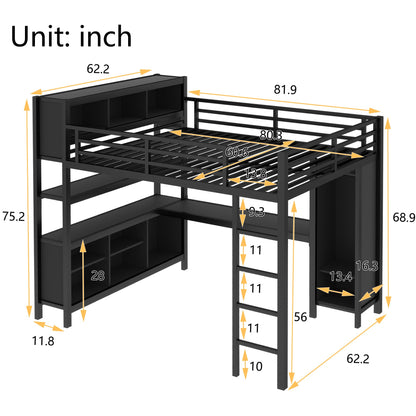 Bellemave Queen Size Loft Bed with Desk, Wardrobe & Storage Shelves, Modern Metal Loft Bed Frame for Adults, Teens, Kids, Space-Saving Queen Bed for Small Rooms, Dorms, Apartments (Queen, Black)