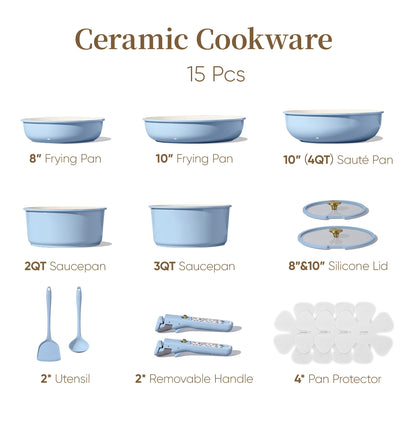 CAROTE 15Pcs Ceramic Cookware Set, Pots and Pans Set Non Stick, Kitchen Cooking Set with Detachable Handle, Non Toxic Induction Cookware, Dishwasher/Oven Safe