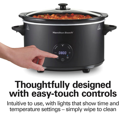 Hamilton Beach 6 Quart Set & Forget Programmable Slow Cooker with Defrost Function, Flexible Programming, Adjustable Countdown Timer, Large Dishwasher Safe Stoneware Crock and Glass Lid, Black (33765)