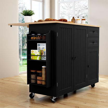 HLR Kitchen Island with Storage, Black Rolling Kitchen Island on Wheels with Drop-Leaf Bar Countertop, Island Table for Kitchen with Side Open Spice Rack and Tower Rack, Extra Storage for Kitchen
