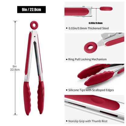 Doosu Kitchen Tongs for Cooking - 600°F Heat Resistant Food Tong with Non-Scratch Silicone Tips, Heavy Duty Stainless Steel Locking Tong for BBQ, Grilling Steak, Serving Salad, Pasta (9in, Red)