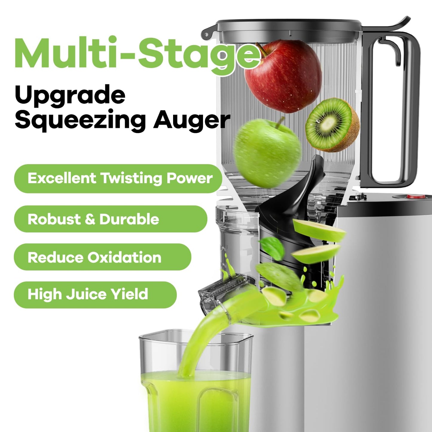 EanOruus Cold Press Juicer, 5.8" Wide Feed Chute Juice Extractor Machine with 400W, High Juice Yield, Slow Masticating Juicer for Whole Vegetables & Fruits, Silver