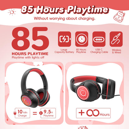 Kids Bluetooth Headphones, 85H Playtime Wireless Headphones for Kids, Colorful LED Lights, 85/94dB Safe Volume Limit, Bluetooth 5.4 Built-in Mic Toddler Headset for Tablet/Airplane/Travel (Black）