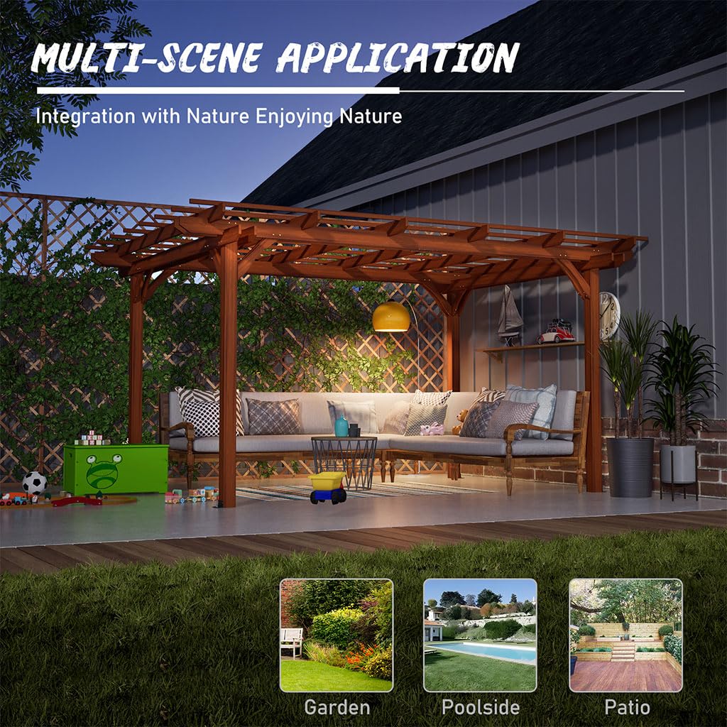 12x10 FT Wooden Pergola Gazebo for Patio Garden, Outdoor Wood Gazebo Pavilion with Trellis Roof, Fir Wood Garden Arbor Shelter for Backyard, Deck, Lawn, Waterproof Brown