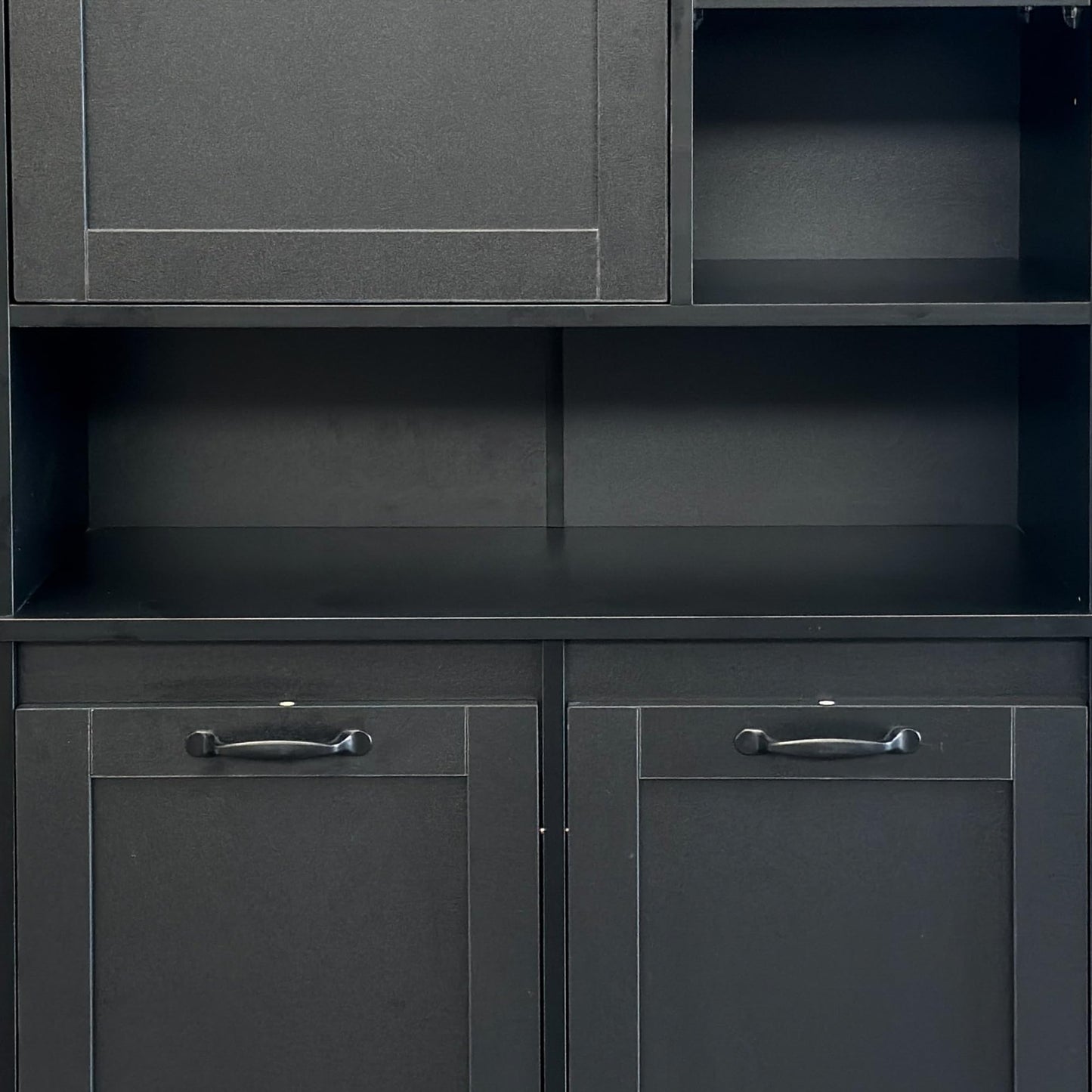 Roomfitters Tilt Out Laundry Hamper Cabinet with Hutch Modern Black Wooden Bathroom Storage Pantry Linen Tower, Black