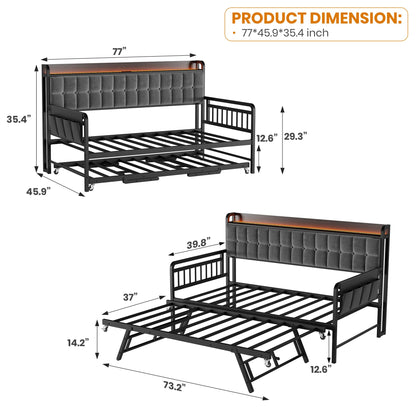 Daybed with Trundle, Metal Twin Bed Frame with Upholstered Storage Headboard, Charging Station & LED, Sofa Day Bed with Pop Up Trundle, Side Pockets, Sturdy Supports for Living Room and Bedroom, Black