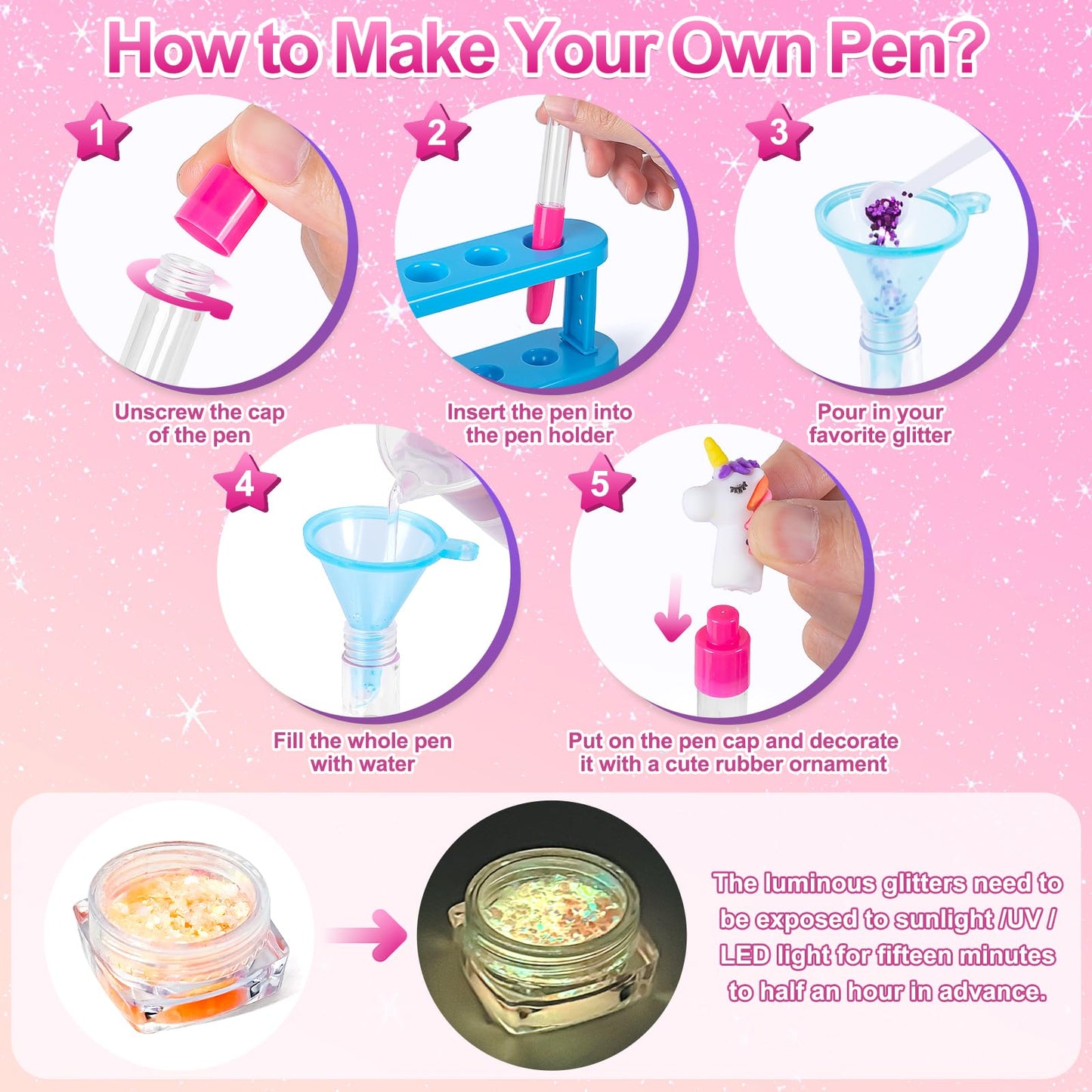 Subao 55+ DIY Glitter Gel Pens Making Kit,Pen Creator Studio,Make Your Own 15 Sparkly Cute Pens,Creative Arts and Crafts for Kids Ages 5 6 7 8,Birthday Christmas Gifts for Girls 9 10 11 12 Years Old