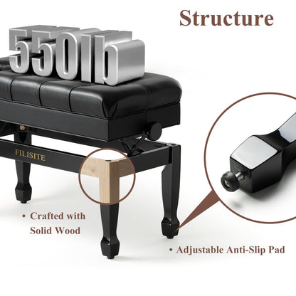 FILISITE Genuine Leather Duet Piano Bench with Storage,Adjustable Heavy Duty Wooden Double Keyboard Seat XHJ-11G(Black)