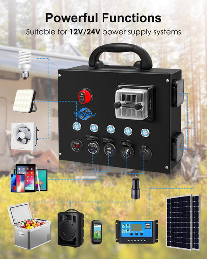 12/24V Control Hub Includes Switches Fuse Box Voltmeter USB Ports Cig Socket, Camping Electrical System Centre for Camper RVs Pickup Trucks 4WD Canopy Caravan, Battery Power Control Box