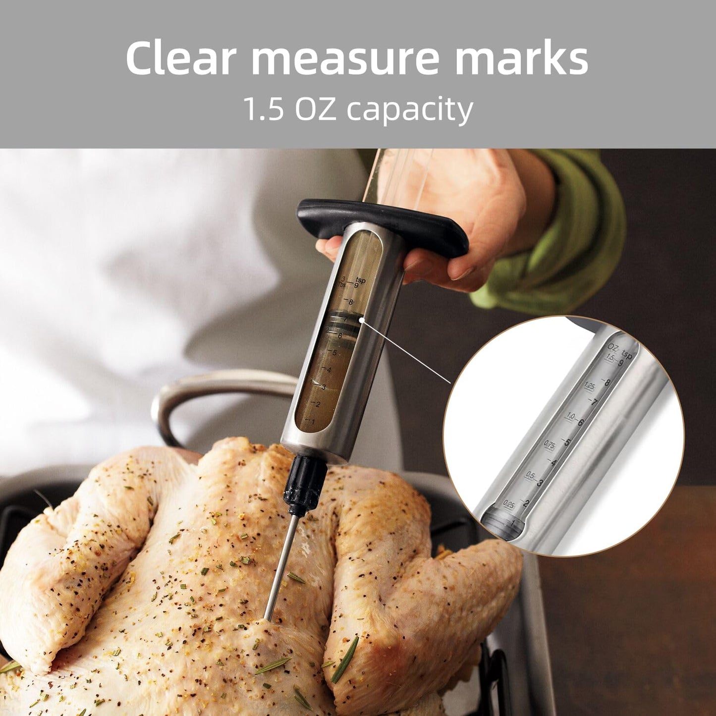 Kitchen Meat Injector, Leak-Proof Stainless Steel Flavor Marinade Syringe with 2 Different Needles and 1.5-oz Measurement Window,Perfect for Smoking, Frying, and Brining Meat for Deep Seasoning(MI-01)