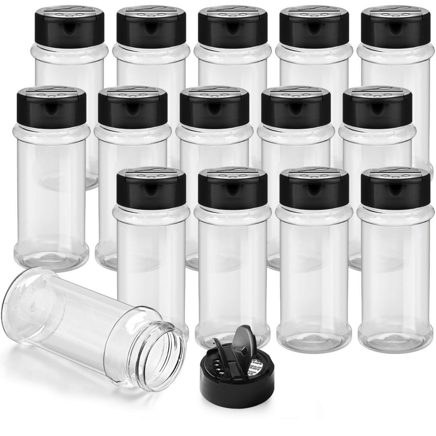 TUZAZO 24 Pcs Spice Bottles Plastic Seasoning Containers, 3 Oz Clear Plastic Spice Jars with Shaker Lids Empty for Spice & Herbs, Powders, Glitters, BPA Free | Heavy Duty | Wide Mouth | Dual Flaps