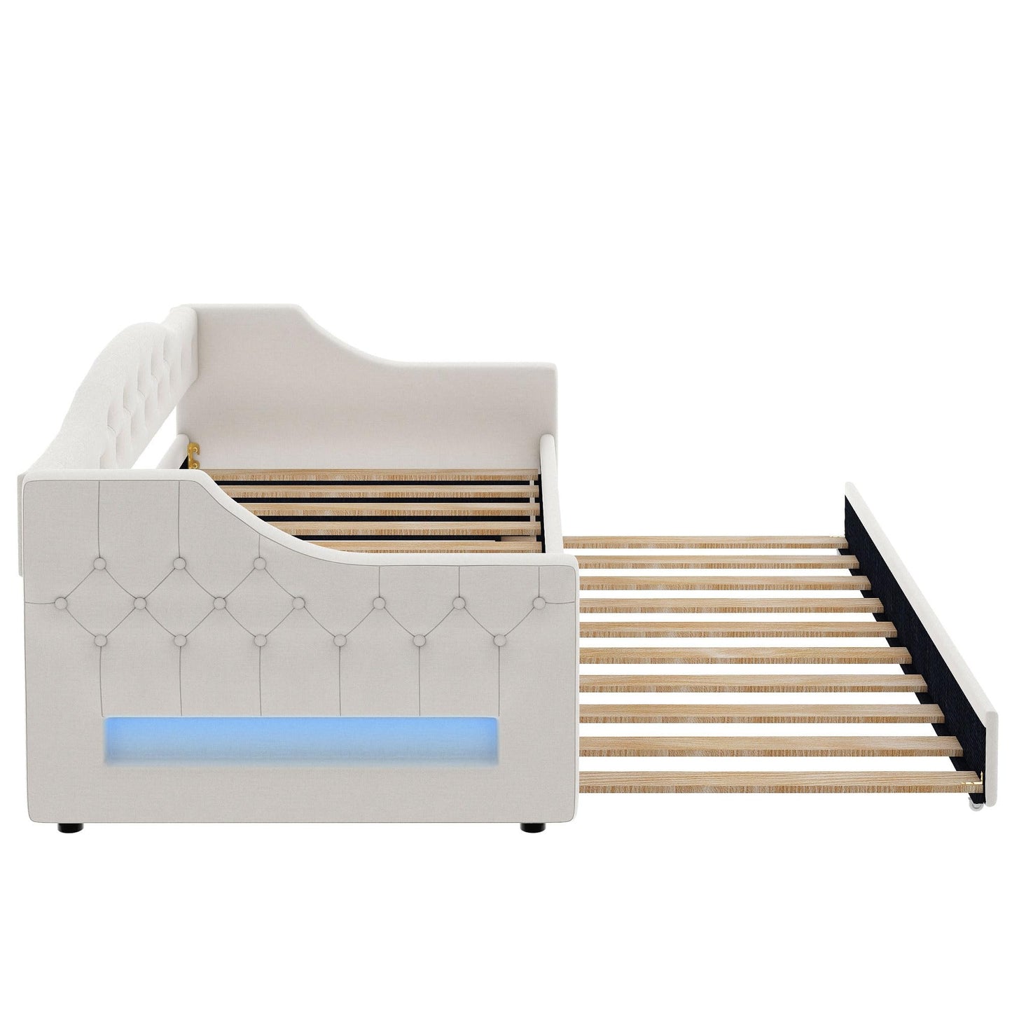 GDFStudio Twin XL Upholstered Daybed with Linen Fabric, LED Lighting Belt, Pull-Out Trundle, Sturdy Pine Wood Frame with Slats, Modern Beige Platform Bed for Users, No Box Spring Required, Beige