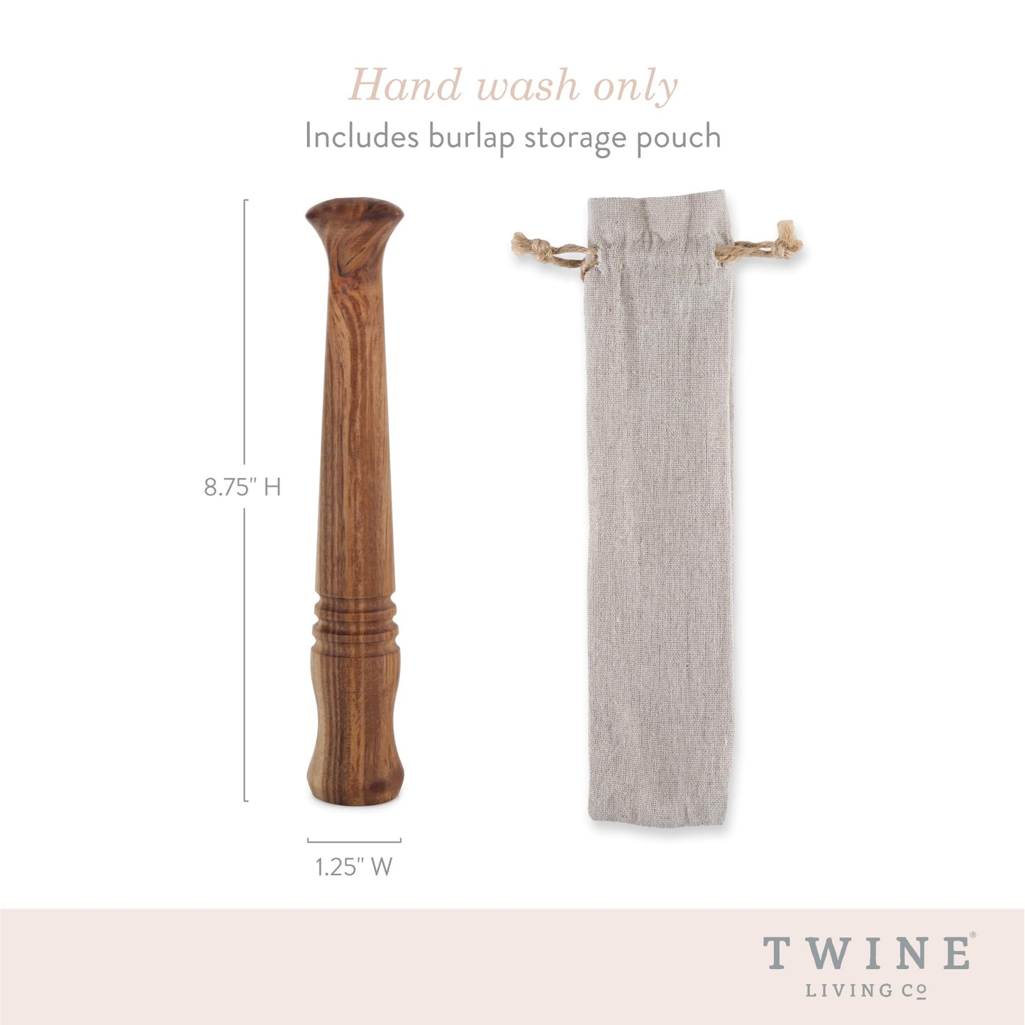 Twine Acacia Wood Mojito Muddler for Cocktails with Jute Storage Pouch, Bar Accessories, Cocktail Muddler, Drink Muddler, Set of 1, Wood Grain