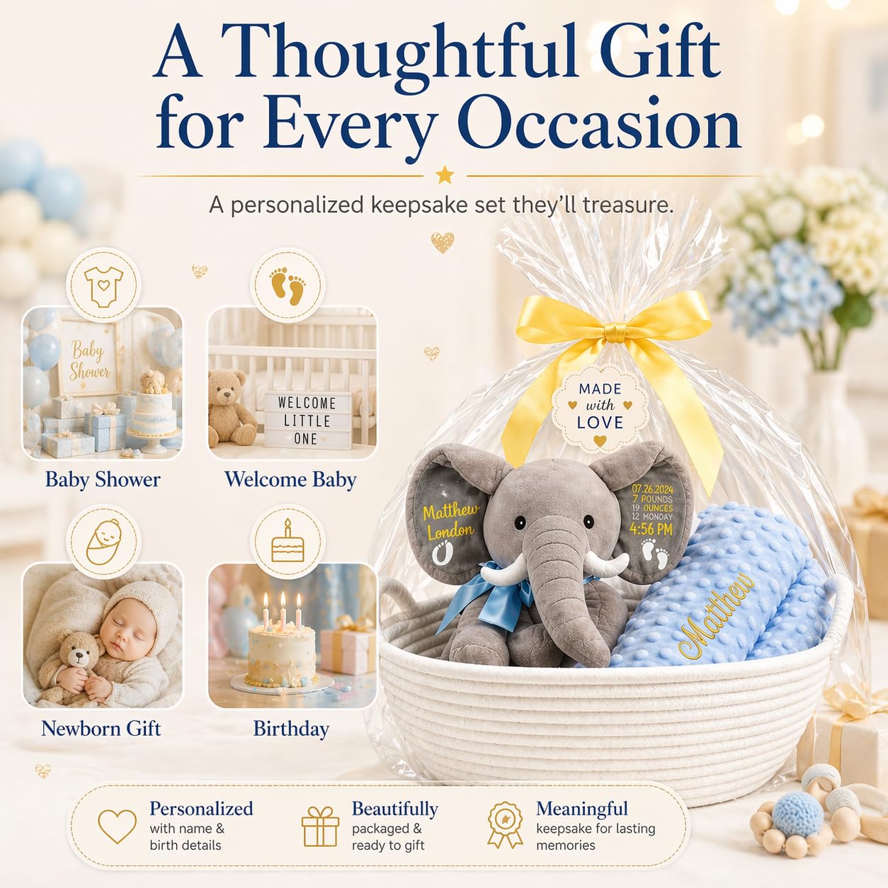 Dyoart Personalized Woven Basket with Gift Bags & Ribbons, Decorative Basket with Elephant Stuffed Animal and Blanket Set, Handle Storage Basket for Nursery Toy Pet, Birthday Baby Shower Gifts Set