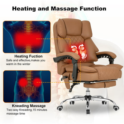 BOWTHY Kneading Massage Executive Office Chair with Heated,90-135° Reclining Office Chair with Footrest,Computer Desk Chair with Wheels,Diamond-Stitched Cushion Leather Office Chair (Brown)