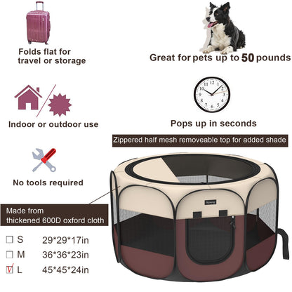Portable Pet Playpen, 8-Panel Indoor/Outdoor Puppy Pen with Shade Cover & Travel Bag - Waterproof Dog Cat Tent Includes Collapsible Bowl