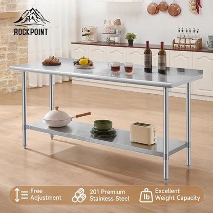 ROCKPOINT All Stainless Steel Perp Table with Backsplash 24x72 Inch, Commercial Heavy Duty Table with Stainless Legs & Adjustable Undershelf, 890 lb Capacity for Restaurant,Home and Outdoor Kitchens