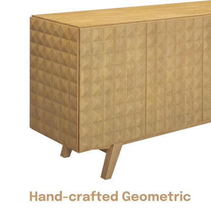 NTC Sapa Mid-Century Modern Solid Wood Sideboard – 4-Door Accent Buffet Cabinet with Carved Geometric Fronts, for Living Room, or Entryway, Effortless Assembly, Sand