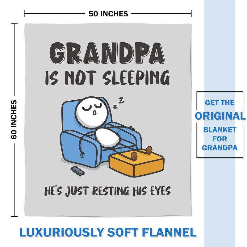 GoMelley Funny Fathers Day Grandpa Gifts, Grandpas Birthday Gift from Grandkids, Grandpa is Not Sleeping Blanket, Super Soft Throws Blanket for Napping, Promoted to Grandpas Gifts, 60" x 50"(Gray)