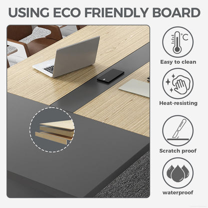 Nuipesn 95" Rectangular Conference Table, Seats 8-10, Built-in Power Outlets & USB Charging Ports, Cable Management, 2-Inch Thick Top, Oak/Grey