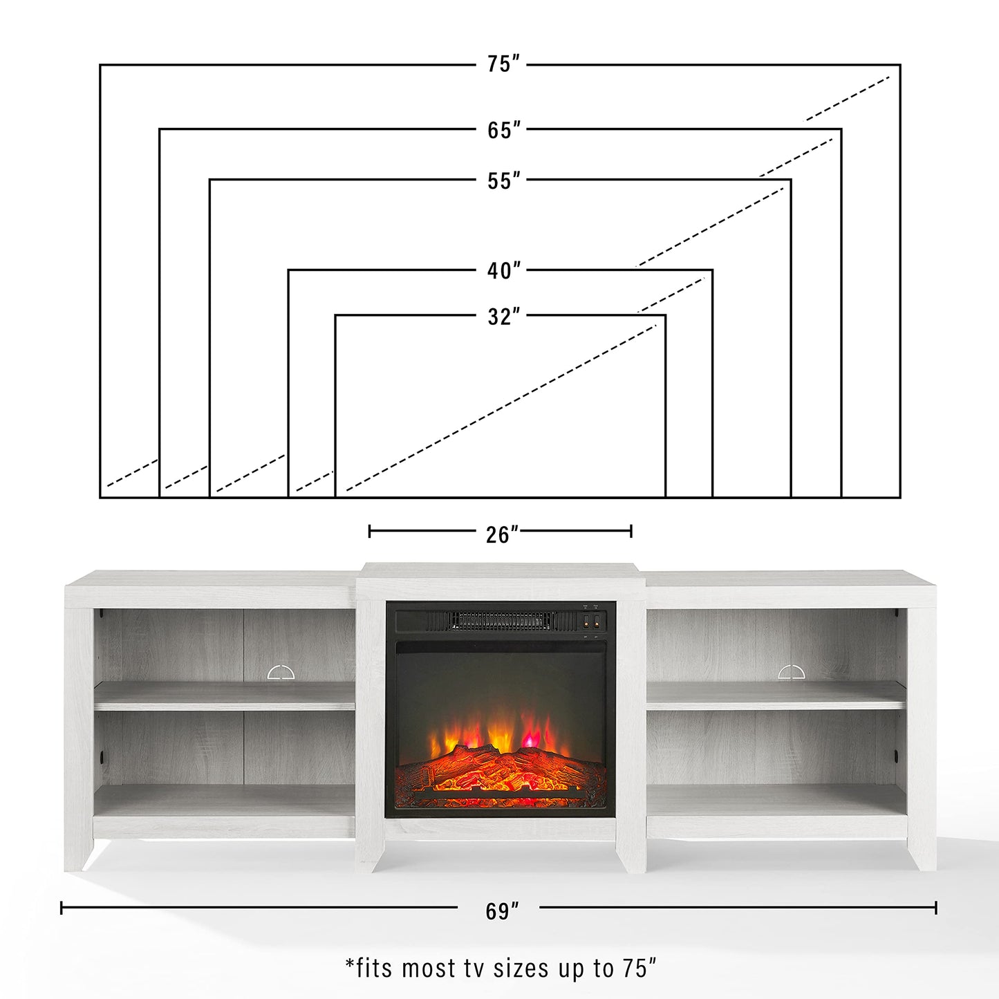 Crosley Furniture Ronin Low Profile Fireplace TV Stand for 75+ inch TVs, Entertainment Center with Shelves, Whitewash