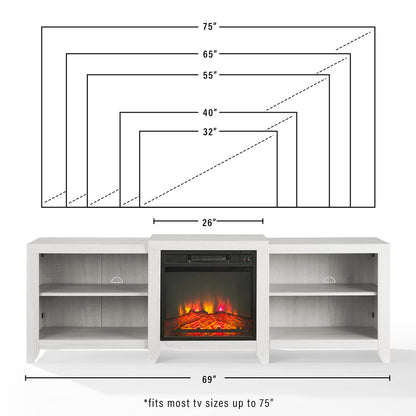 Crosley Furniture Ronin Low Profile Fireplace TV Stand for 75+ inch TVs, Entertainment Center with Shelves, Whitewash