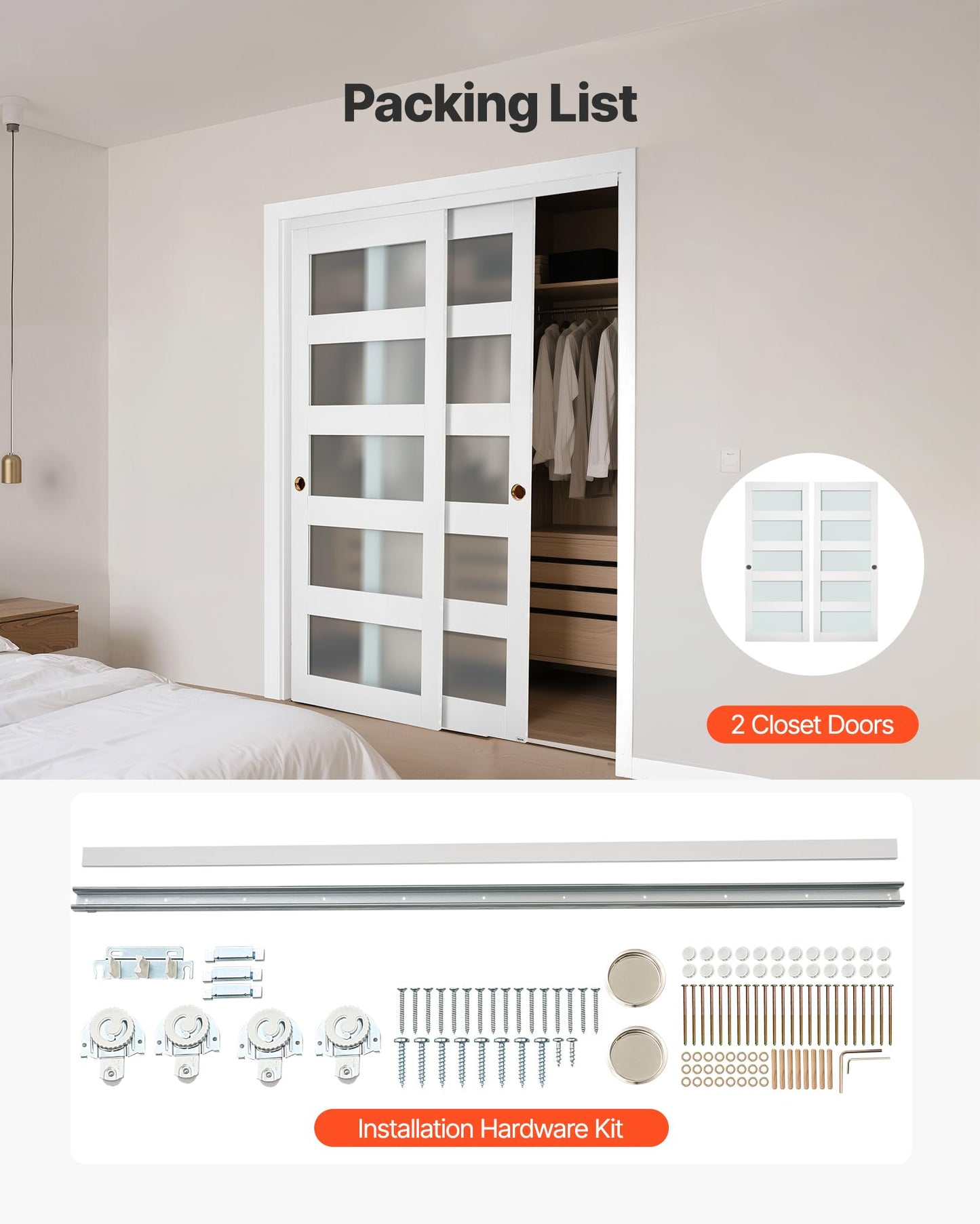 VEVOR Sliding Closet Door, 60" (Double 31") x 80", 5-Lite Frosted Glass with Hardware Kit & Floor Guide, Solid Wood & MDF Slab with Waterproof PVC Surface, Pre-Drilled Doors Panel, Need to Assemble