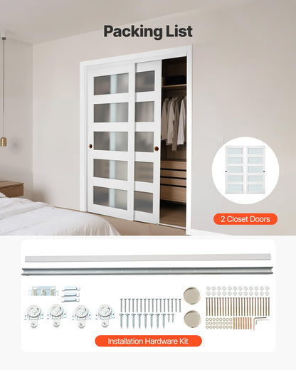 VEVOR Sliding Closet Door, 60" (Double 31") x 80", 5-Lite Frosted Glass with Hardware Kit & Floor Guide, Solid Wood & MDF Slab with Waterproof PVC Surface, Pre-Drilled Doors Panel, Need to Assemble