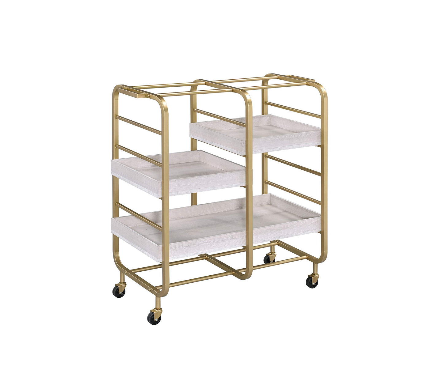 GOLGAILY 34" W x 17" D x 38" H Gold & White Washed Finish Serving Cart with 3 Open Compartments and Adjustable Trays