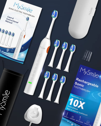 MySmile Electric Toothbrush for Adults, Rechargeable Sonic Electronic Toothbrush with 6 Brush Heads and Travel Case, 2 Mins 5 Modes Smart Timer, 48000VPM (Black)