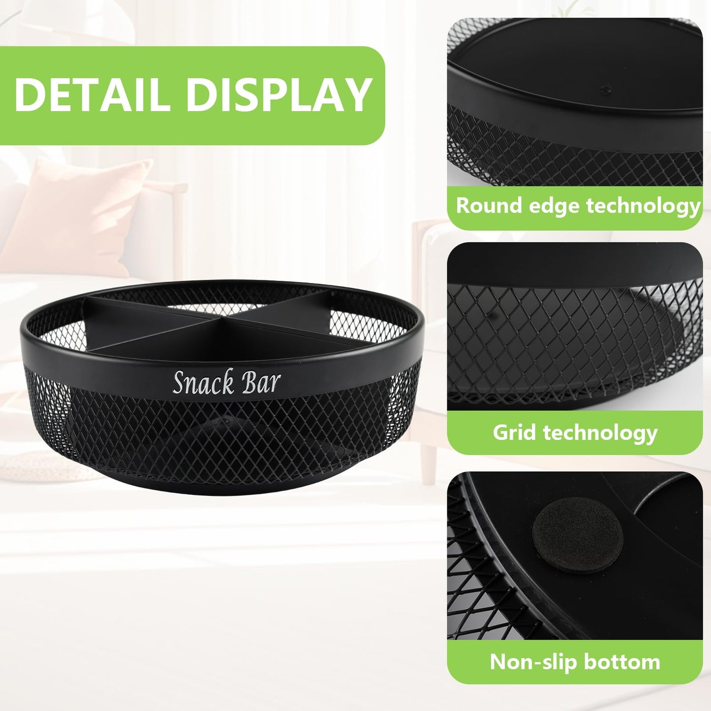 Xbopetda Snack Organizer for Countertop, Metal Turntable Organizer with Divider, 4 Compartment Snack Storage Spinning Snack Tray, Lazy Susan Snack Spinner for Snack Bar Organizer Pantry Storage-Black