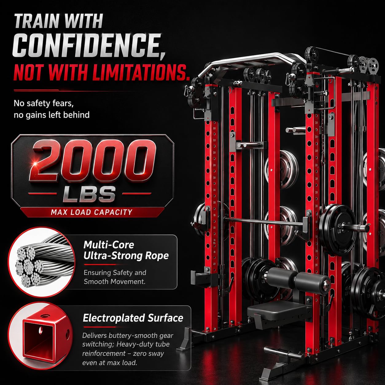 Danrelax Smith Machine Home Gym, 2000 lbs Power Cage with LAT Pulldown, Dual Cable Crossover & Pulley System, All-in-One Squat Rack for Strength Training, Bench Press, Garage Gym