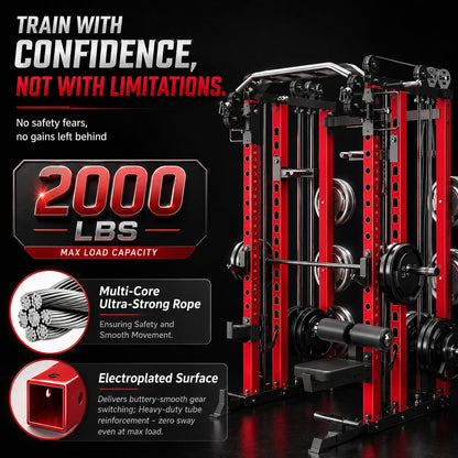 Danrelax Smith Machine Home Gym, 2000 lbs Power Cage with LAT Pulldown, Dual Cable Crossover & Pulley System, All-in-One Squat Rack for Strength Training, Bench Press, Garage Gym