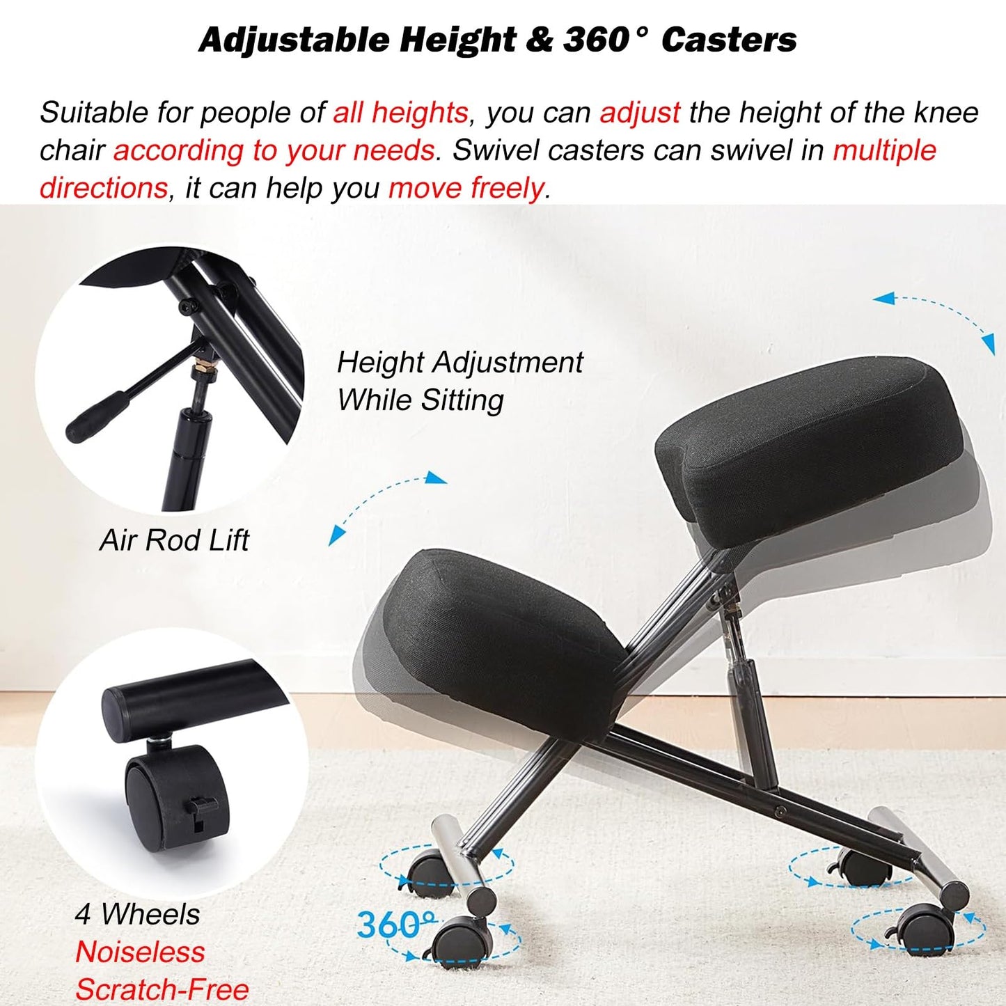 Office Chair Cross Legged Chair，Height Adjustable Kneeling Desk Chair with 4 Universal Wheels, Black Meditation Chair with Thick Seat, Ergonomic Kneeling Chair for Office/Classroom