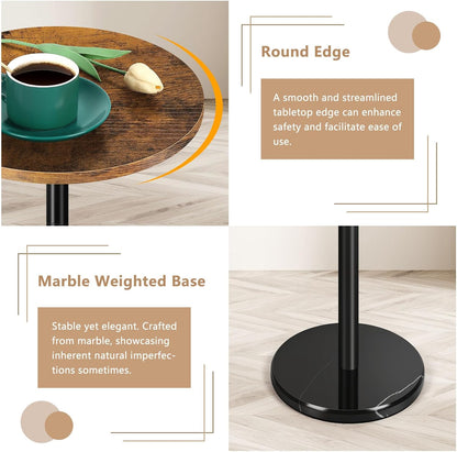 OYEAL Drink Side Table Small Round Cocktail Table for Patio Outdoor Pedestal Side Table Coffee Table with Black Marble