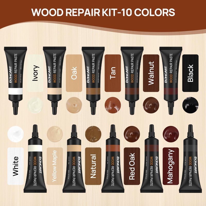 Boncart Wood Furniture Repair Kit, Wood Touch up Fillers, Repair Scratches, Cracks, Paint Chips, and Nail Holes on Furniture, Floors, Doors, Cabinets, and Tables (10 Colors)