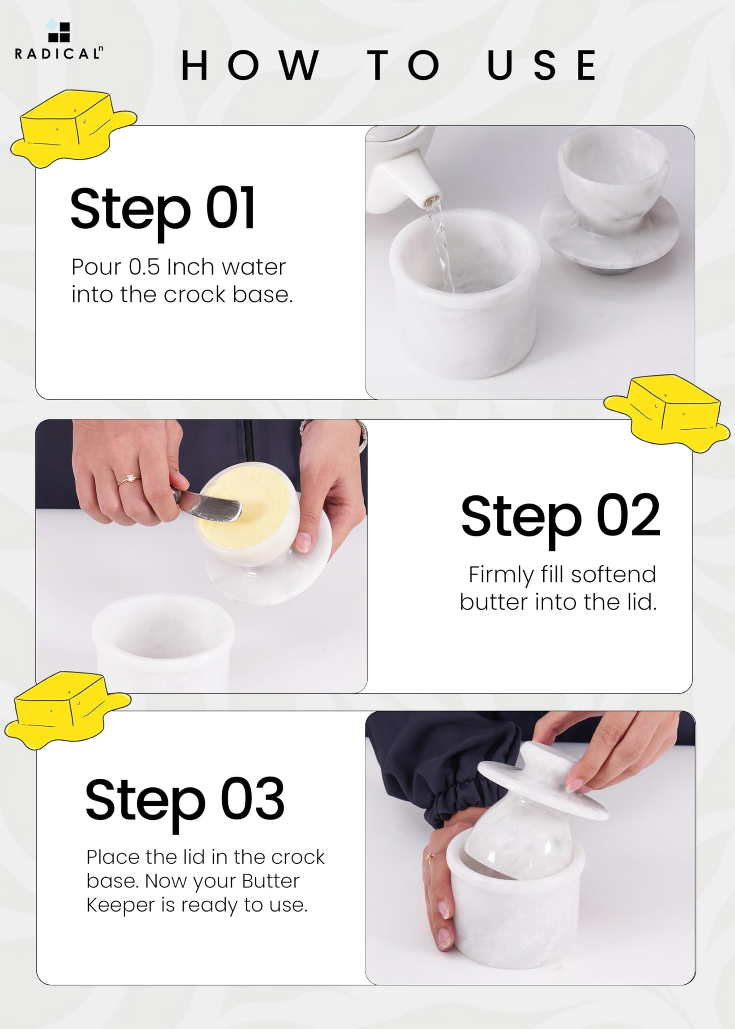 Radicaln Marble Butter Keeper 4.25'' Inches White Handmade French Butter Holder For Kitchen Counter Decor Ideal Butter Crock For Counter With Water & Butter Crock For Kitchen