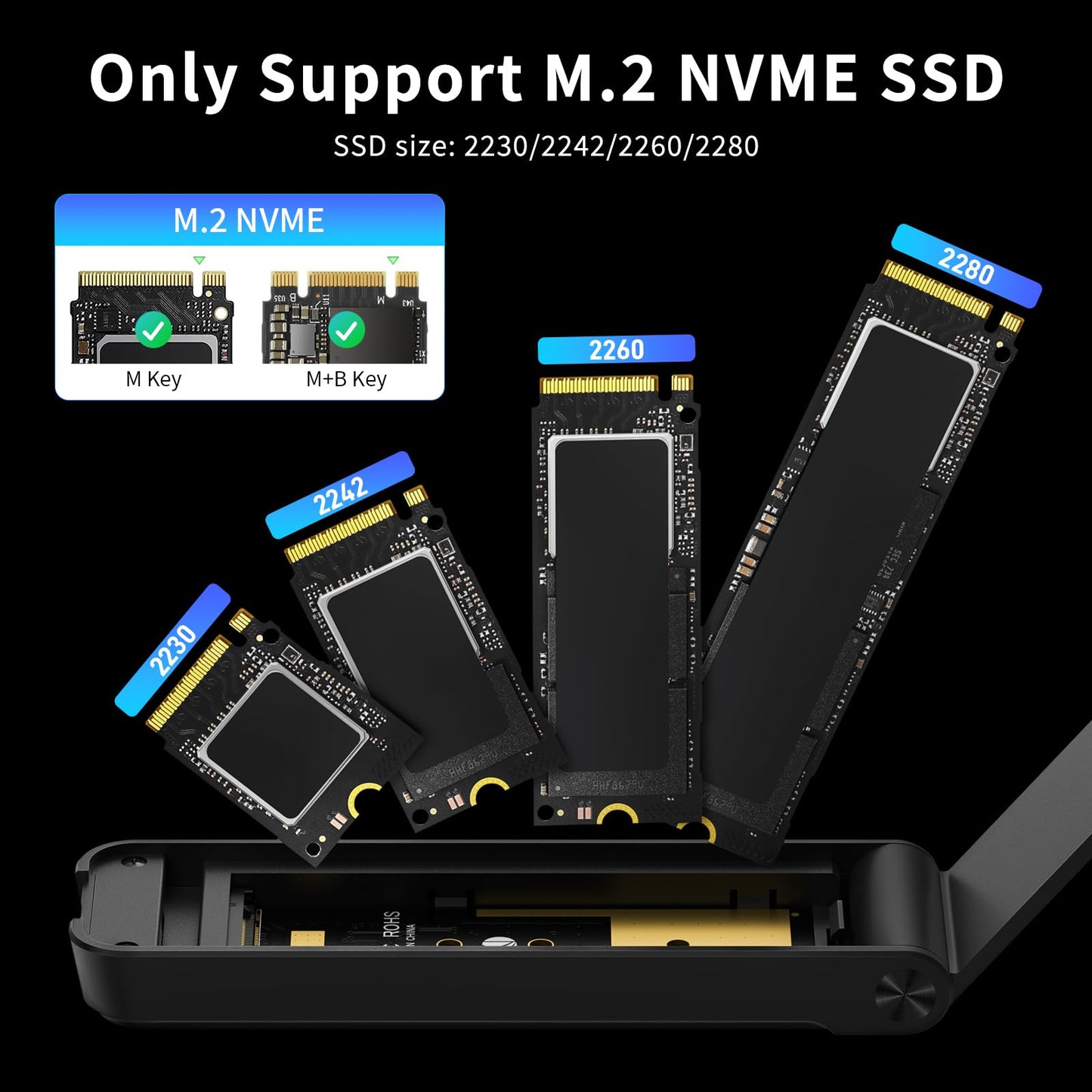 FIDECO M.2 NVMe SSD Enclosure, M.2 NVMe to USB Adapter, USB 3.2 Gen 2 (10Gbps) SSD Reader for M & M+B Key, Sandwich Style Design, Tool-Free Installation, Support UASP and Trim