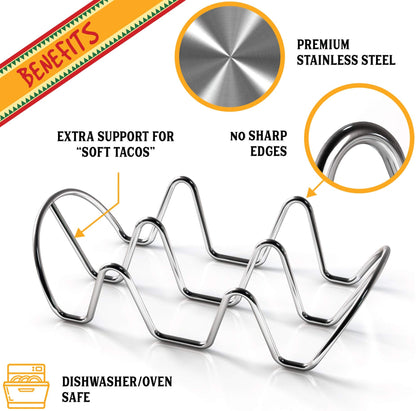 WIDBI Premium Taco Holders - 4 Pack Stainless Steel Taco Stands Holds 12 Standard Tacos (3 Each) - Fits Most Plates & Air Fryers - Dishwasher & Oven Safe – For Soft & Hard Shell Tacos