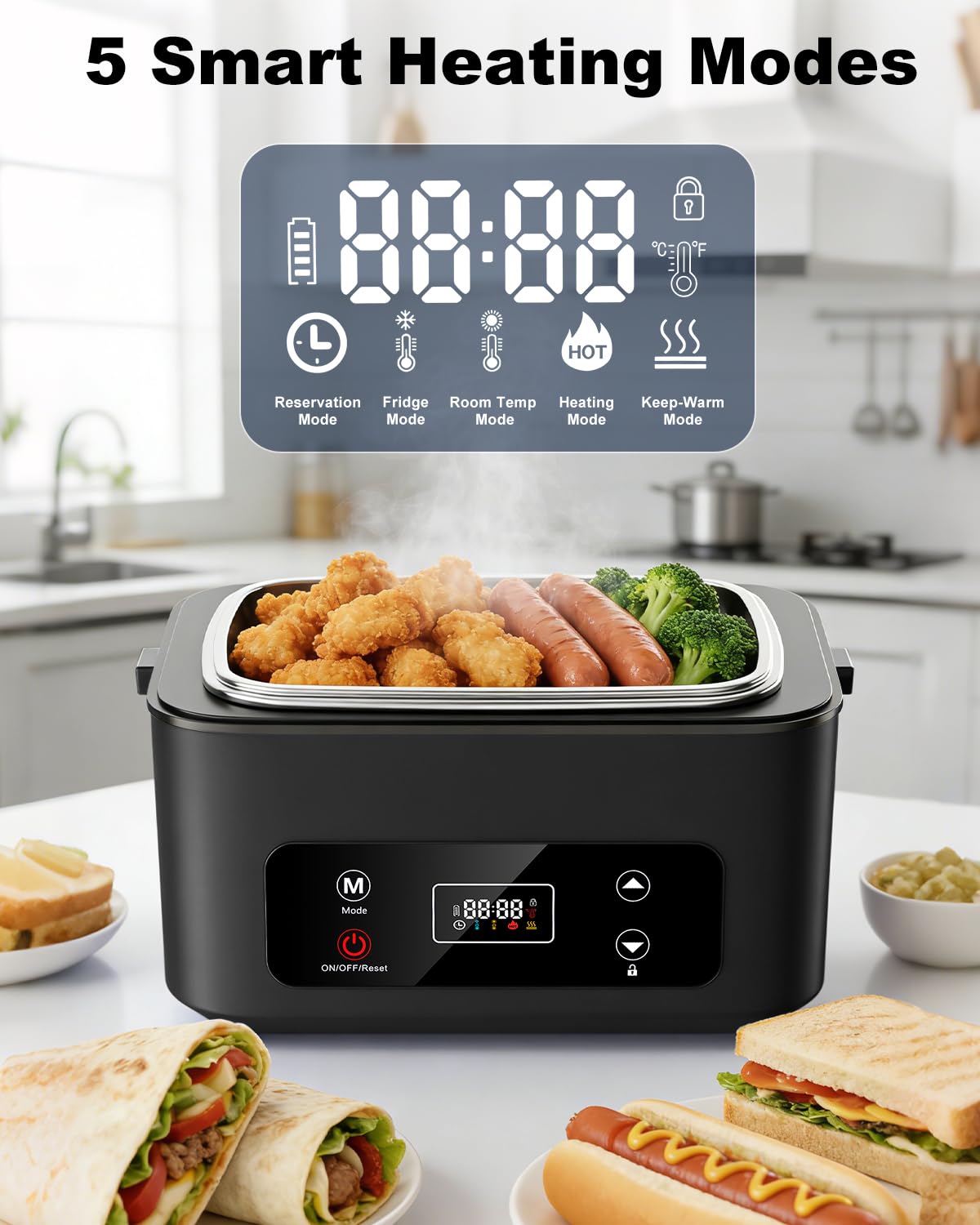 Moexili Electric Lunch Box, 2026 Upgraded 1.2L Cordless Heated Lunch Box,24000mAh Battery Powered Food Warmer with Timer, 5-Sided Heating, Leakproof, for Office, Outdoors & Truck