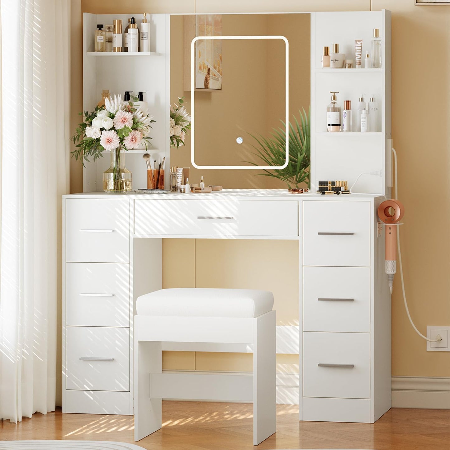 GarveeHome 43" Large Vanity Desk with 3 Colors LED Light and Mirror - Vanity Desk Set with Power Outlet and Hairdryer Rack - Makeup Vanity Table with 7 Drawers and Shelves for Bedroom