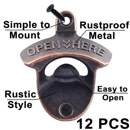 HAIICEN 12 PCS Bulk Bottle Opener Wall Mounted Old Fashioned, Antique Copper Mountable Beer Bottle Cap Opener for Wood DIY Man Cave