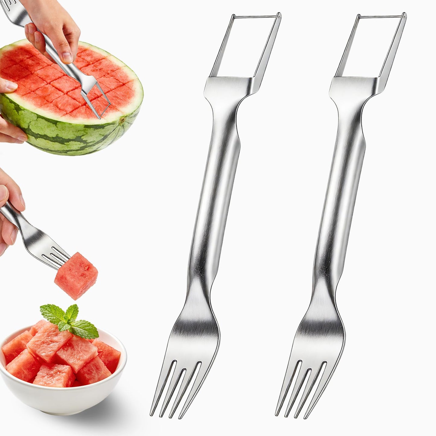 Watermelon Fork Slicer Cutter, 2-in-1 Stainless Steel Watermelon Slicer & Fruit Fork, Summer Kitchen Gadget for BBQ Parties, Camping & RV Adventures
