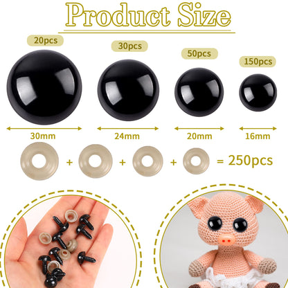 UPINS 500 Pcs 16-30 MM Large Safety Eyes for Amigurumi Black Plastic Craft Dolls Crochet Eyes for DIY Toy Puppets Bear Stuffed Animals Amigurumi Making Supplies (4 Size)