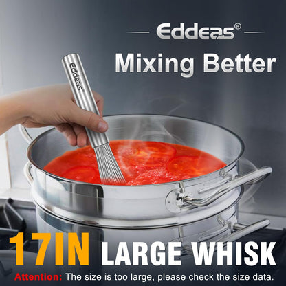 Eddeas 17in Large Whisk,Heavy Duty whisk, Stainless Steel whisk Suitable for Mixing Thick batter, Dry Ingredients and Seasonings.Accessories for professional commercial kitchens.