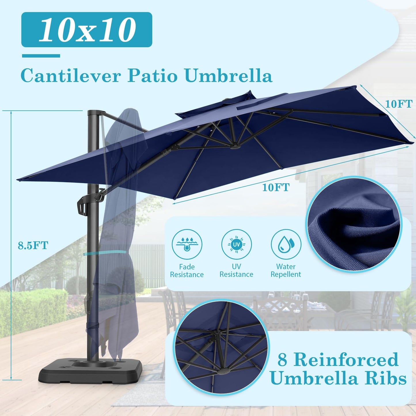 HOTEEL 10x10ft Patio Umbrella Cantilever Umbrella Double Top - Upgrade and Intensify - 360 Rotation and 5 Angles Adjustment - Aluminum Offset Pool Umbrella Outdoor Umbrellas for Patio Garden Deck Pool,Dark Blue