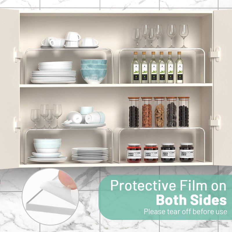 HTRYBNES 4 Packs Kitchen Cabinet Shelf Organizer, Acrylic Clear Shelf Riser, 5mm Thick Spice Rack for Dishes, Soda Cans and Cup（11.8 x 4.72 x 4.72 Inch）