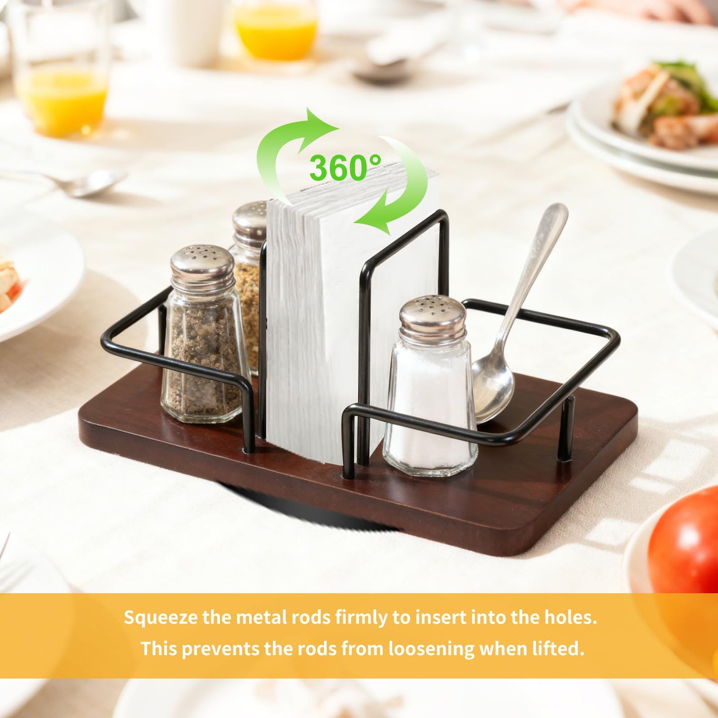 Napkin Holder for Table, Rectangular 360° Rotating Wooden Lazy Susan Napkin Dispenser with Salt and Pepper Shakers Caddy, Rustic Farmhouse Centerpiece for Kitchen & Dining Table